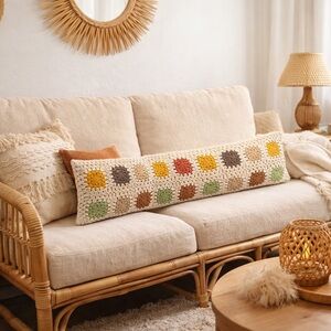 Creative Co-Op Multicolor Crocheted Lumbar Pillow Boho Granny Block Knit Cushion